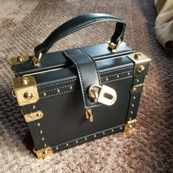 Box Bag with Lock - PU Leather - Beige - Black - 3 Colors - ApolloBox