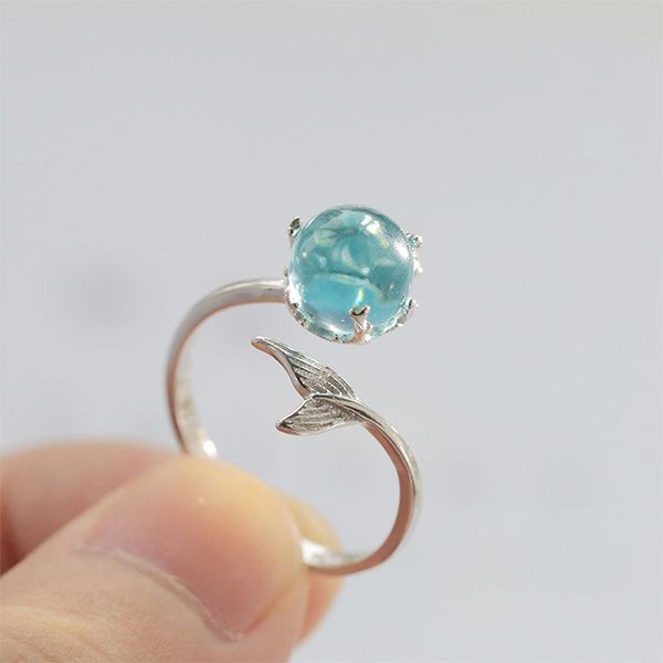 Sterling Silver Mermaid Wrap Ring - Blue Synthetic Crystal Bead - ApolloBox