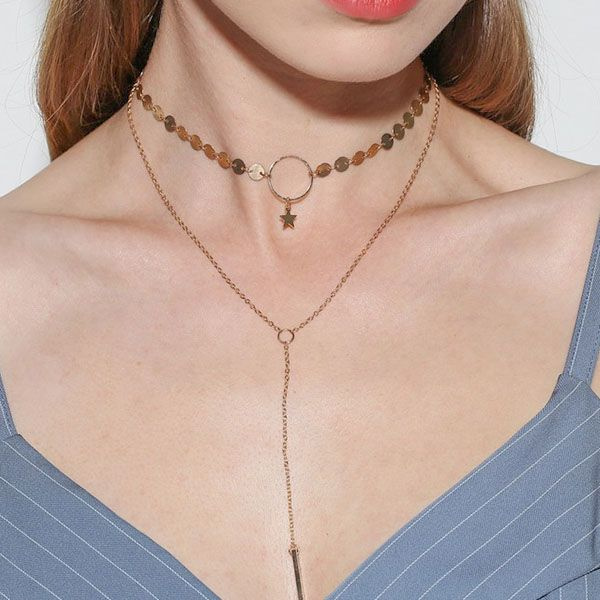 Silv/Gold Star Coin Sequin Necklace Layer Lariat Bar Chain Drop Choker Necklace 