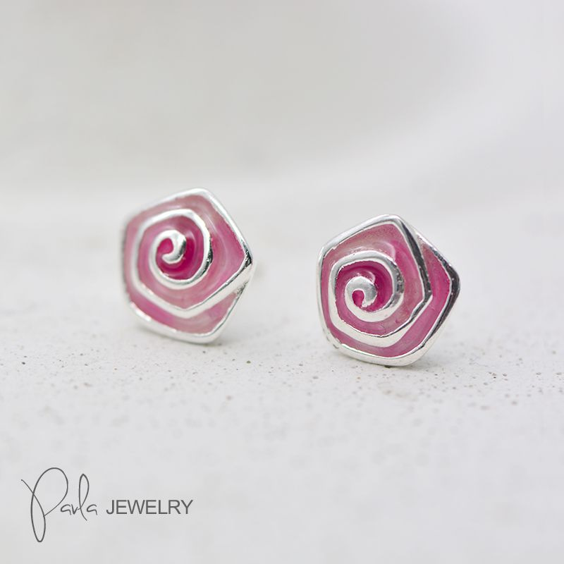 Pink Rose Earrings - S925 Sterling Silver - Studs
