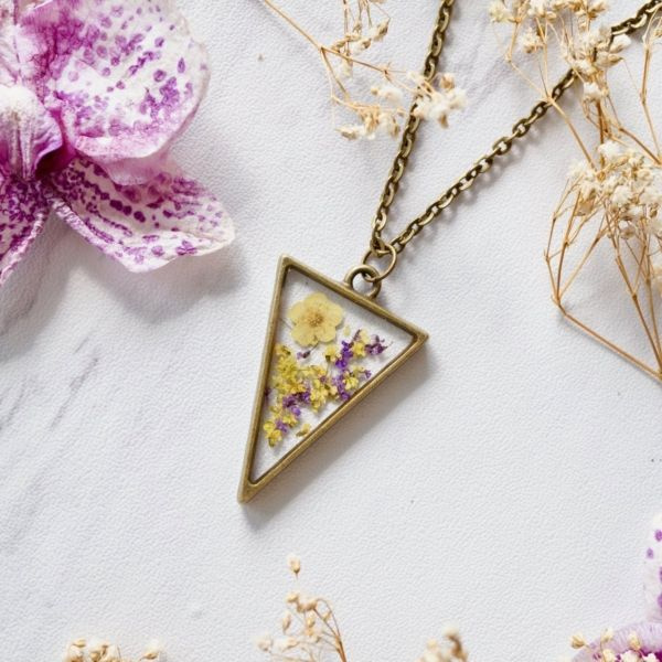 resin triangle pendant Pressed pink flower