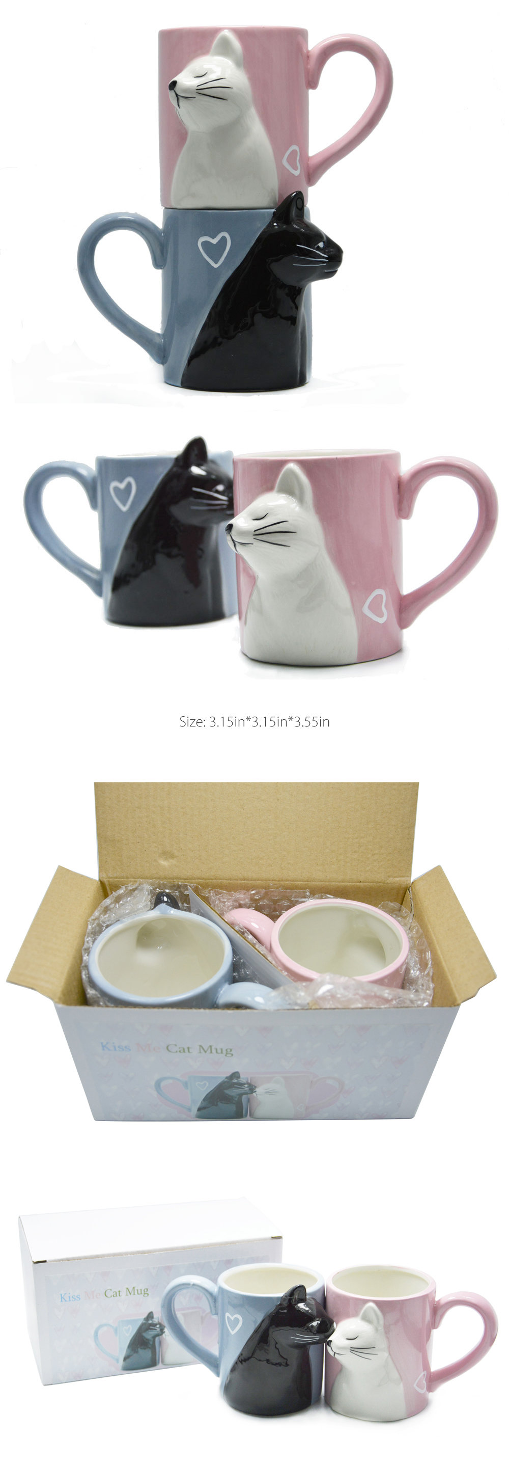 Kissing Cats Matching Mugs, Set of 2, White Kitties On Red or Blue Ceramic  Cups