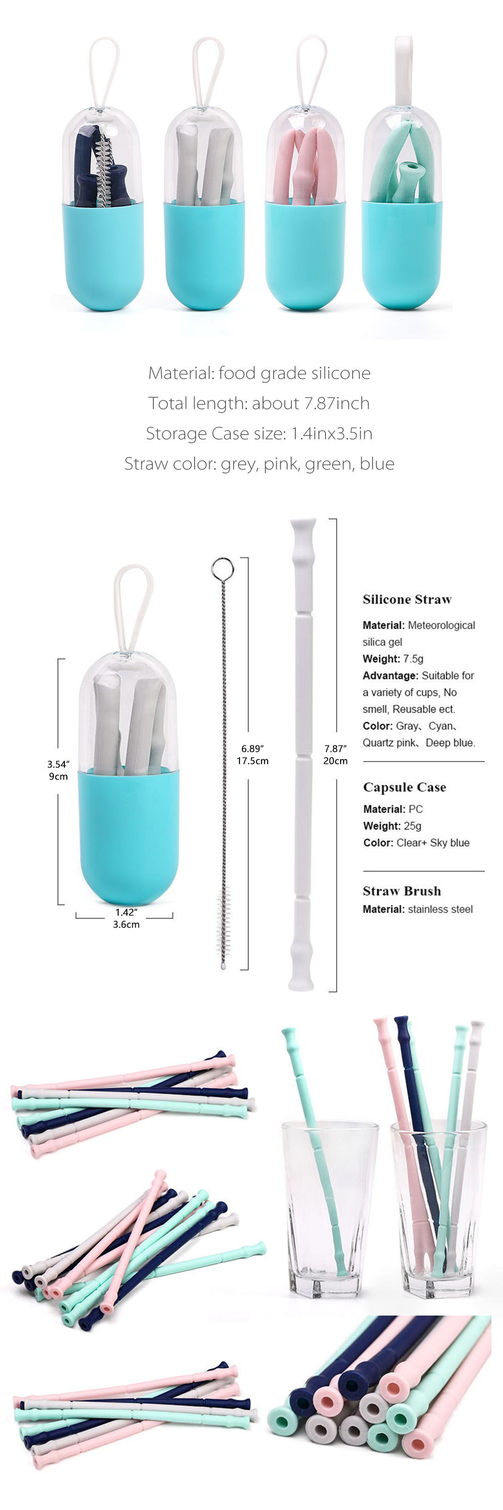 Wholesale Reusable Drinking Straws Silicone Folding Straws with Cases