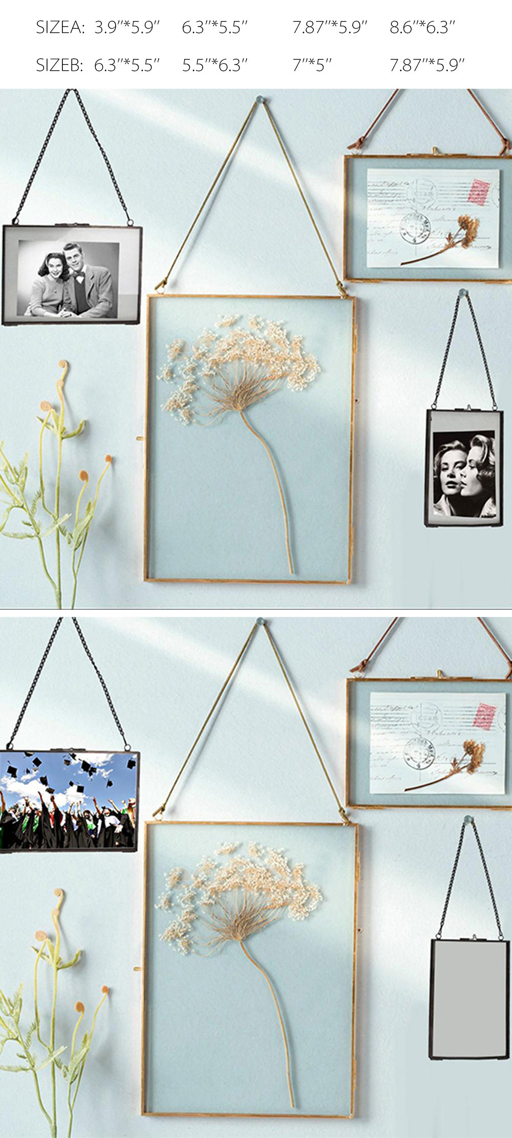 Industrial Style Double Sided Glass Hanging Picture Frame Wall Display Frame 