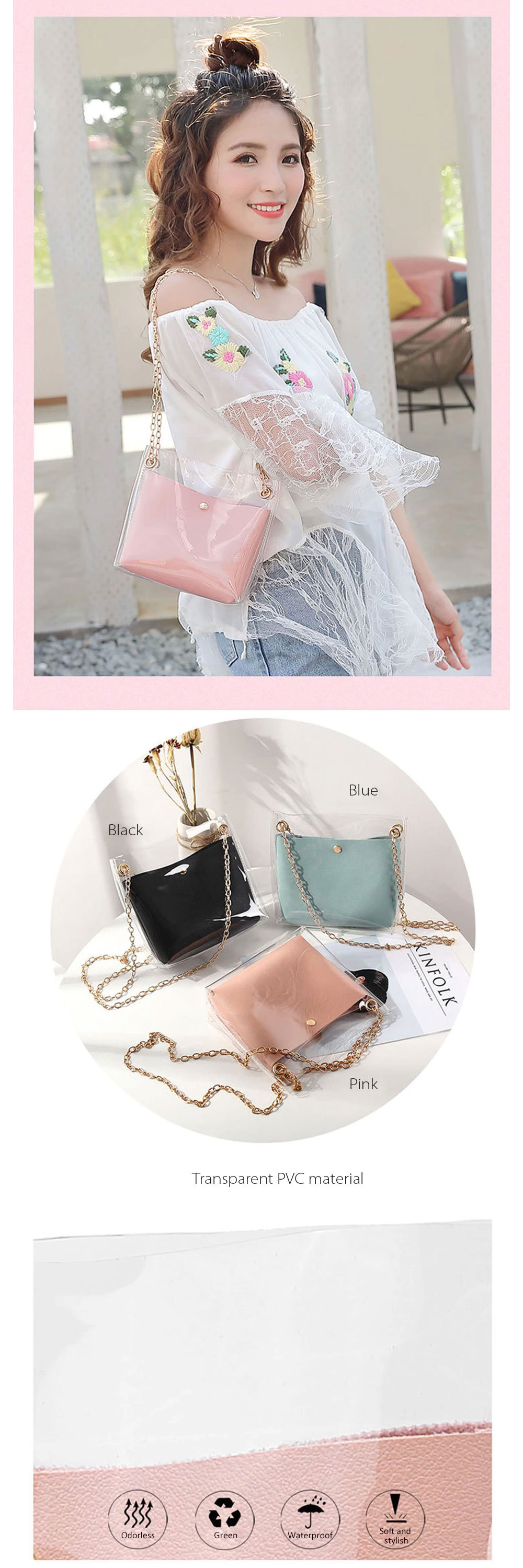 Mini Transparent Pvc Bowknot Decor & Drawstring Design Inner Pocket Tote Bag