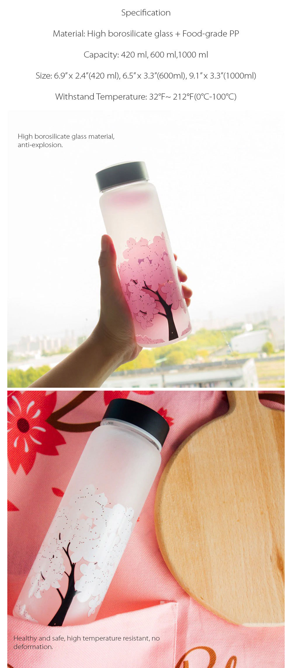 Cherry Blossom Water Bottle, Kawaii Water Bottle Glass