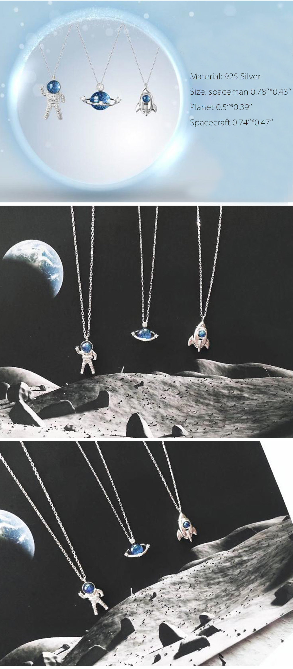 Astronaut Necklace for Women Men 925 Sterling Silver Crystal Moon Spaceman  Pendant Jewelry Christmas Gifts