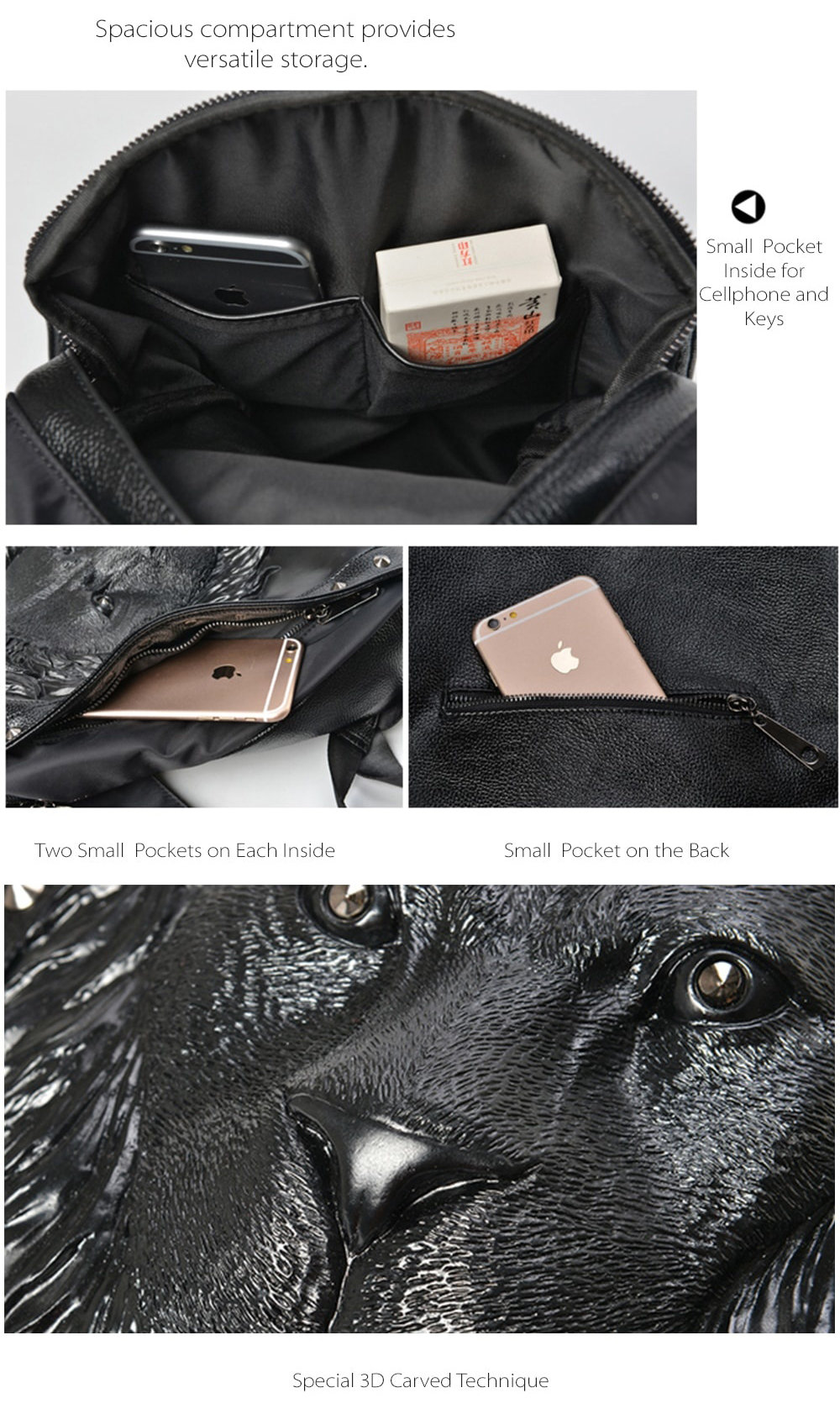 Small Black Leather Bag with Lion's Face