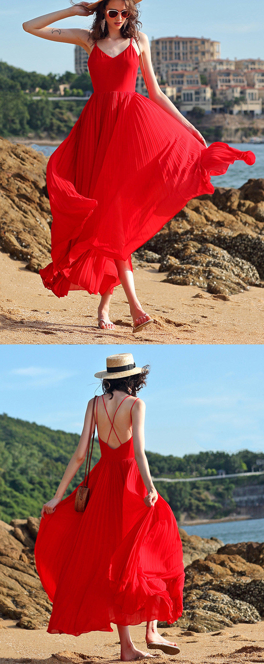Women's Red Maxi Dress - V-neck - 3 Sizes - ApolloBox