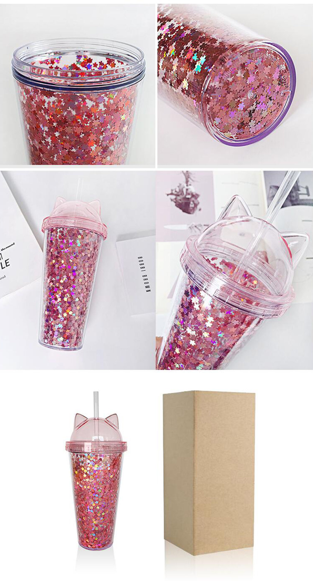 Kawaii Cute Cat Ear Tumbler Cup Water Bottle W Straw & Lid L Pink Glitter  !nside