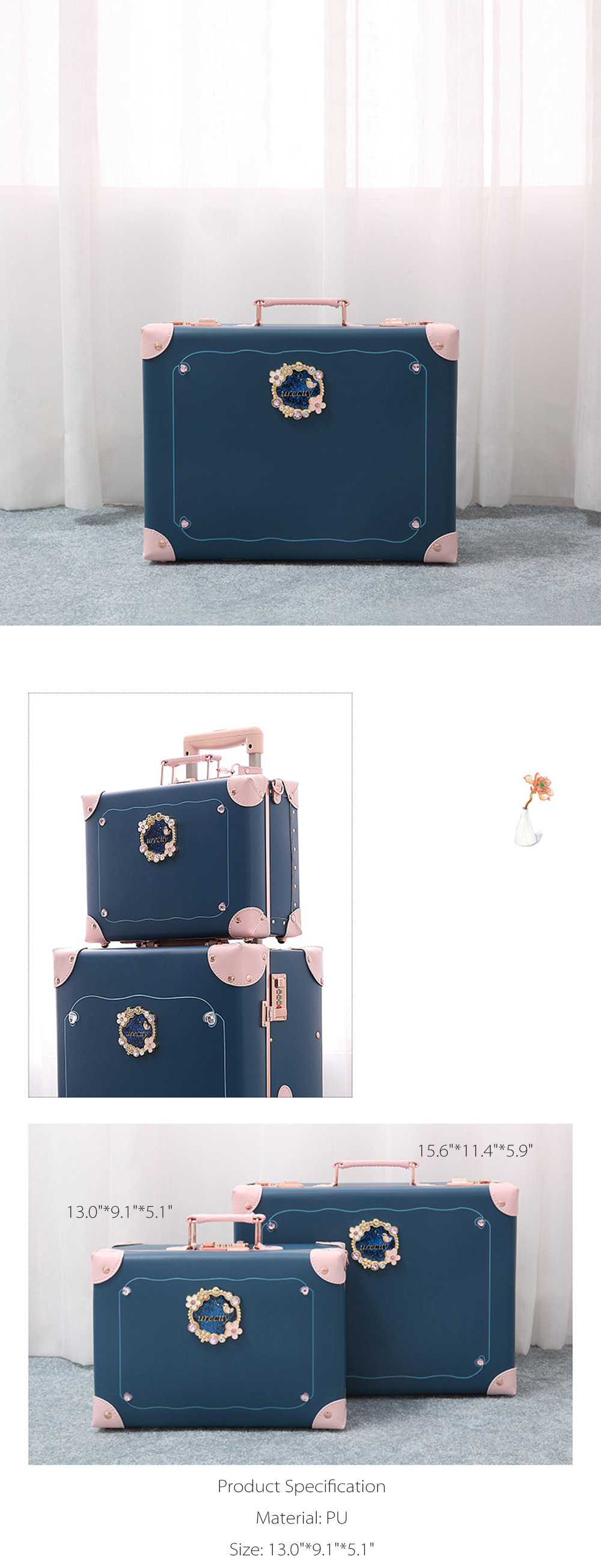 urecity vintage suitcase set for women, vintage luggage sets for women 2  piece, cute designer trunk luggage, retro suit case Rose White – urecity- luggage