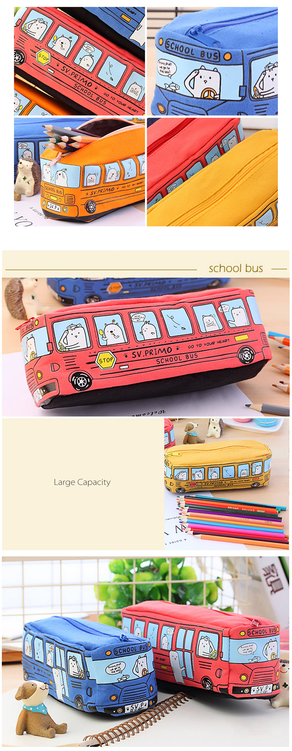 Students Kids Cats School Bus Pencil Case Bag Office Stationery Creative Bag 