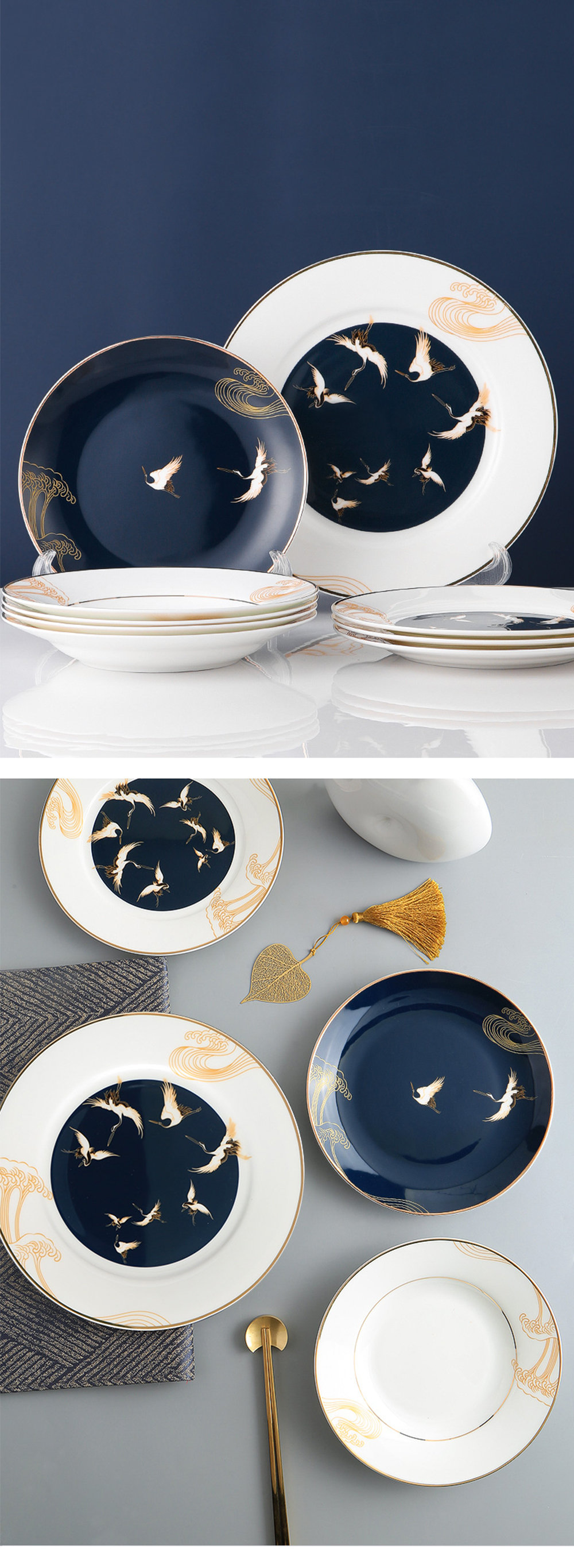 L'Objet Zen Bonsai Blue and Gold Dessert Plate, Set of 4