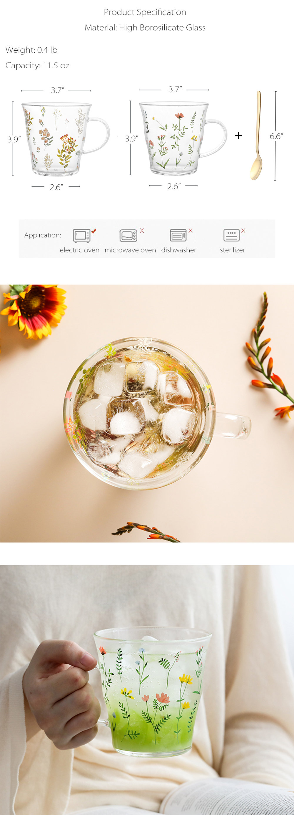 Floral Themed Glass Mug - with Spoon - 2 Patterns from Apollo Box