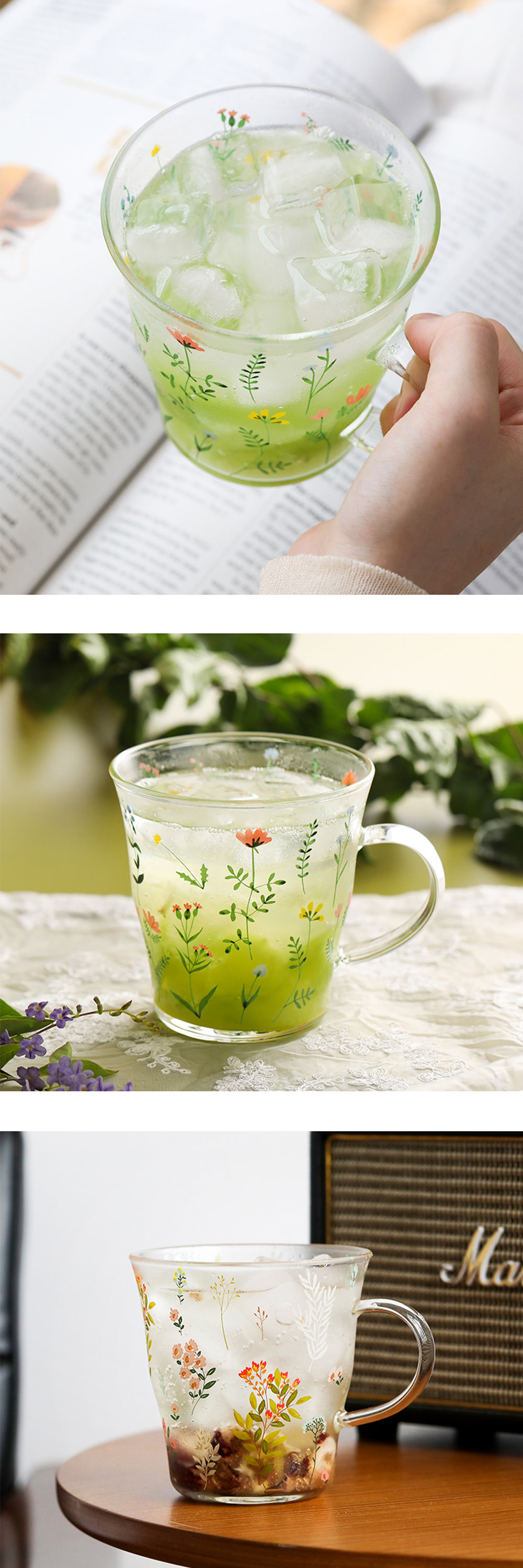 Floral Themed Glass Mug - with Spoon - 2 Patterns from Apollo Box