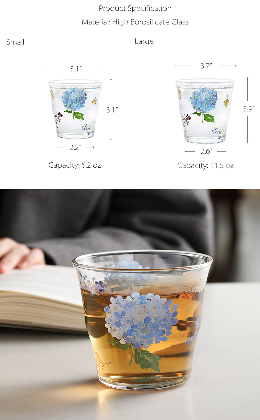 Floral Glass Coffee Cup, Hydrangea Garden Glass Iced Coffee Cup