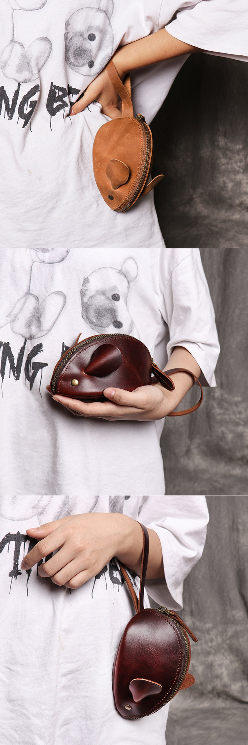 Mini Mouse Coin Purse - Real Leather - 5 Patterns - Dark Brown(L)