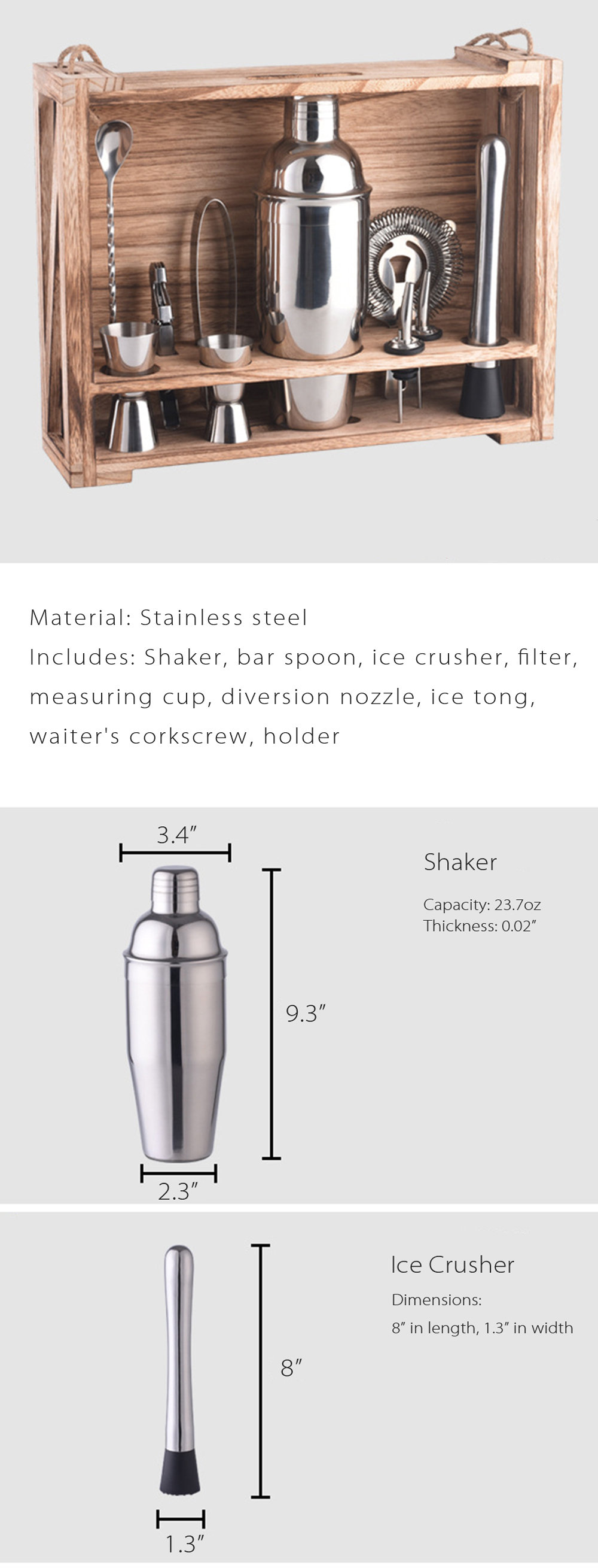 Classic Cocktail Shaker Set - Stainless Steel - Wood - Silver - Black - 10  Pieces from Apollo Box