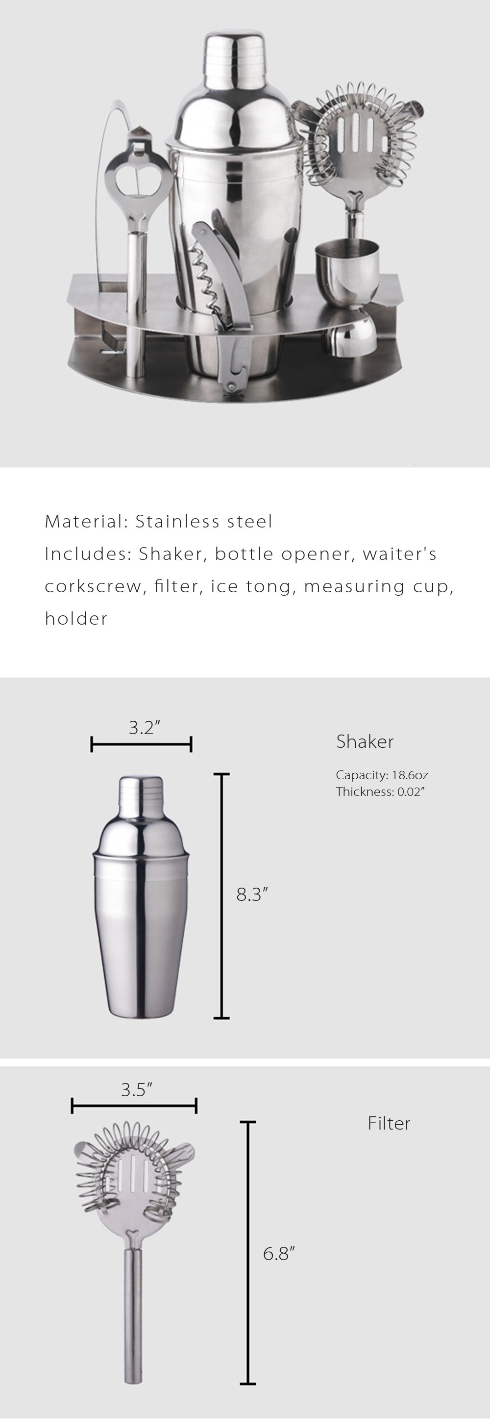 Classic Cocktail Shaker Set - Stainless Steel - Wood - Silver - Black - 10  Pieces from Apollo Box