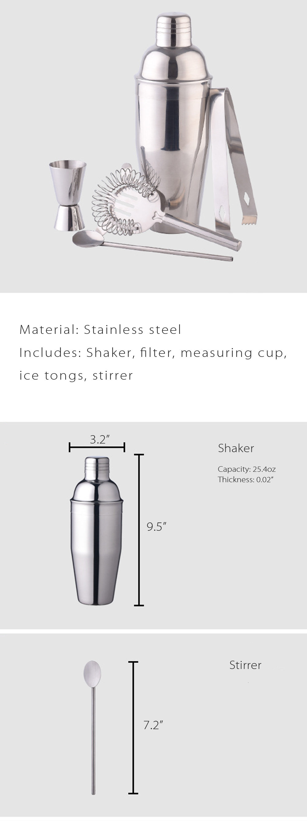 Classic Cocktail Shaker Set - Stainless Steel - Wood - Silver - Black - 10  Pieces from Apollo Box