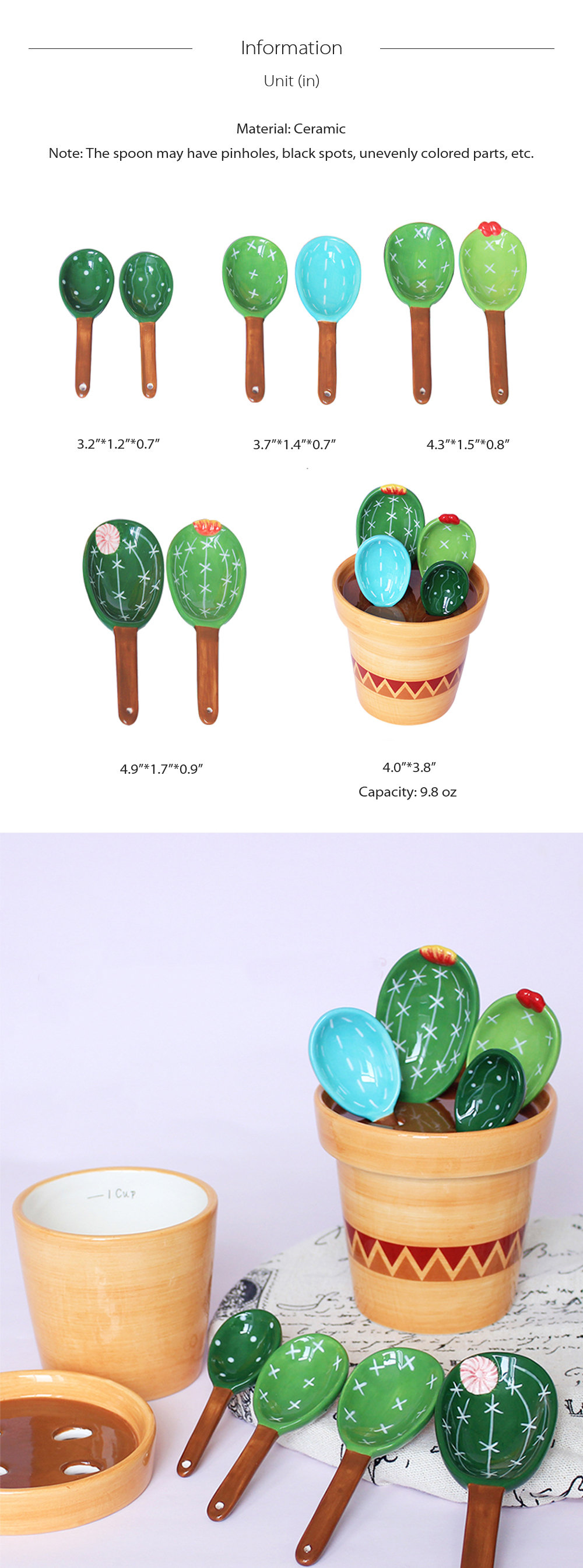 Ceramic Cactus Measuring Spoons and Cups, Cute Measuring Spoons Set in Pot,  Cactus Shape Kitchen Decor Small Measuring Spoons (Colorful)