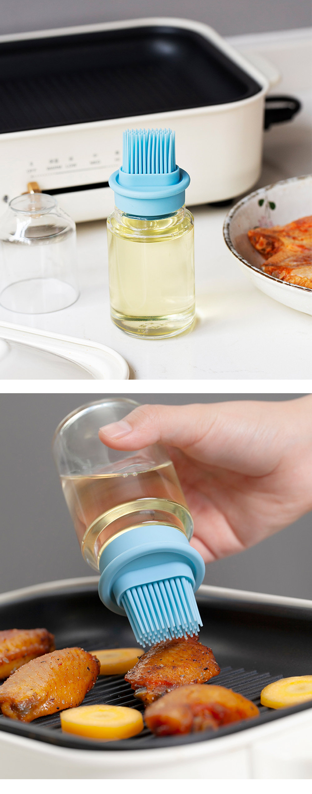Oil Dispenser Bottle With Brush - Silicone - Soda-lime Glass - Blue - Pink  - ApolloBox