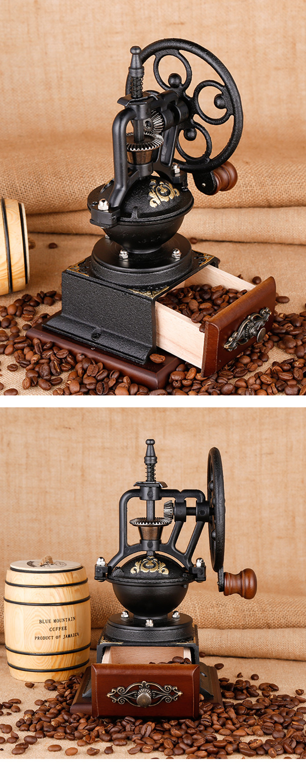 Vintage Manual Coffee Grinder - Iron - Ceramic - Black - ApolloBox