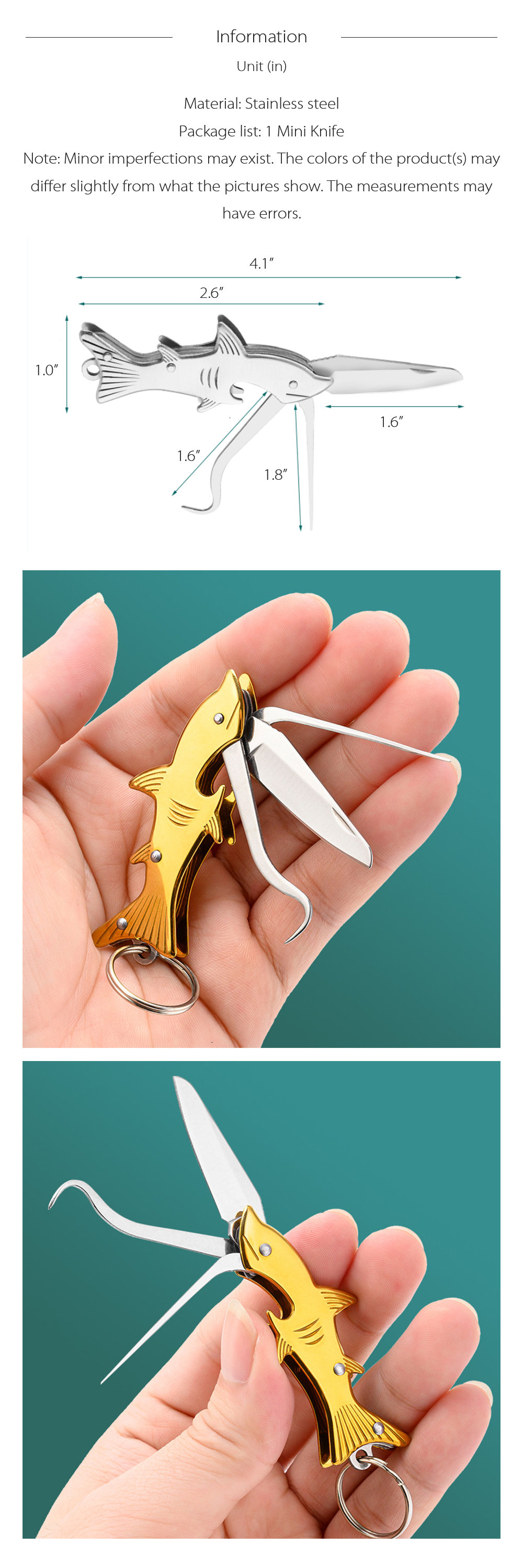 Fish Shaped Mini Knife - Stainless Steel - Yellow - Portable