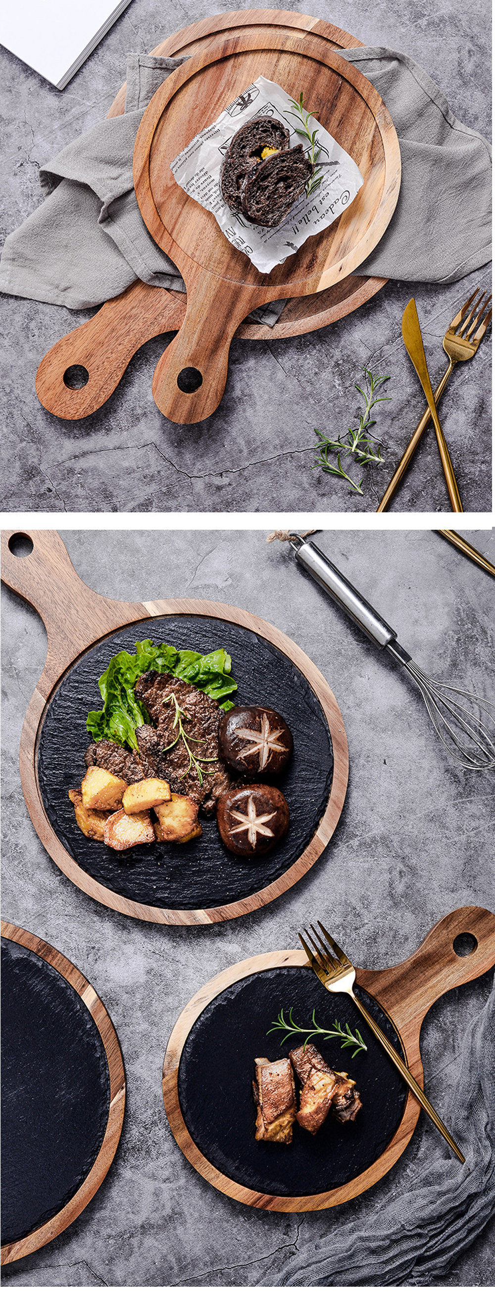 Steak Slate Plate - Acacia Wood - Stone - 3 Sizes Available