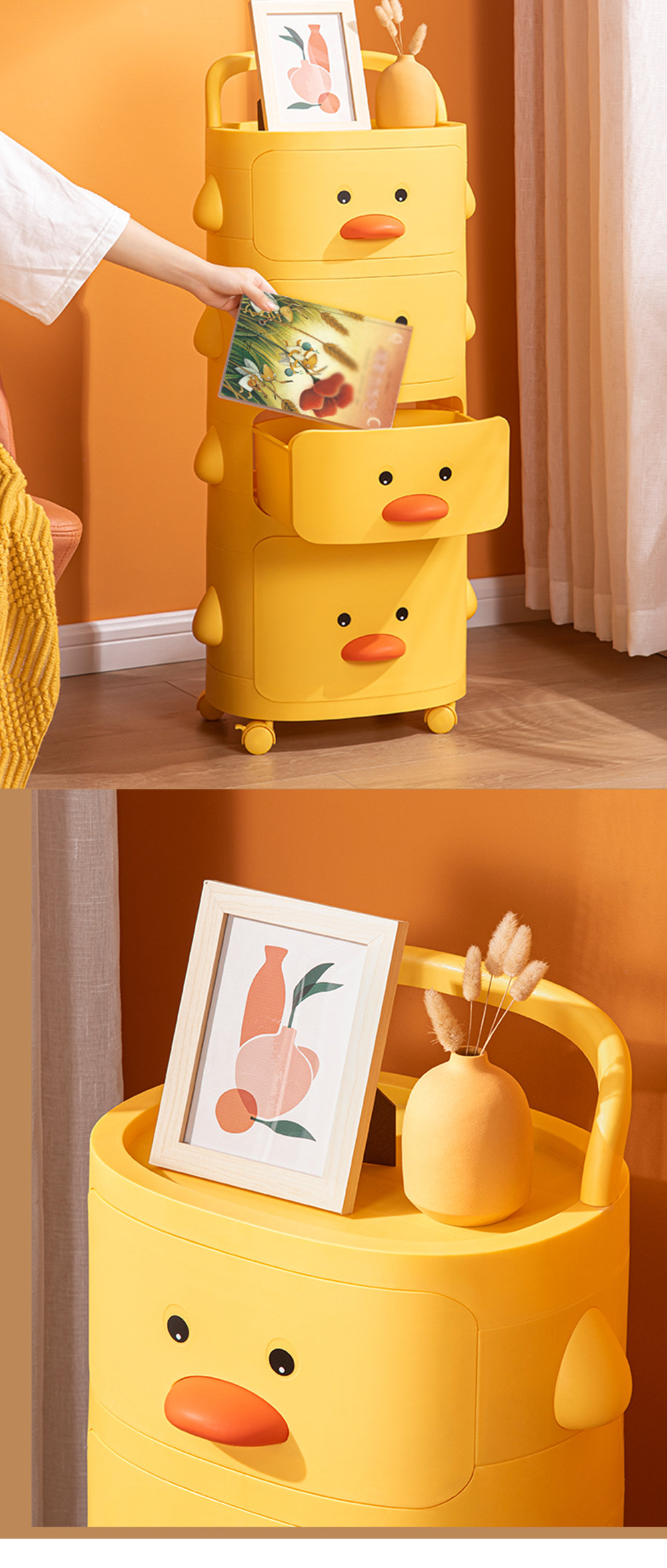 2-Tier Kids Toy Storage Organizer Cute Yellow Duck Storage Cabinet