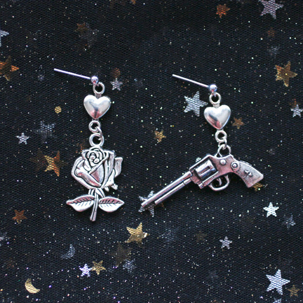 Handmade Gun & Rose Silver Earrings image