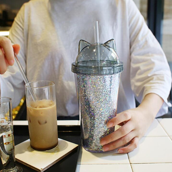 Kawaii Cute Cat Ear Tumbler Cup Water Bottle W Straw & Lid Silver