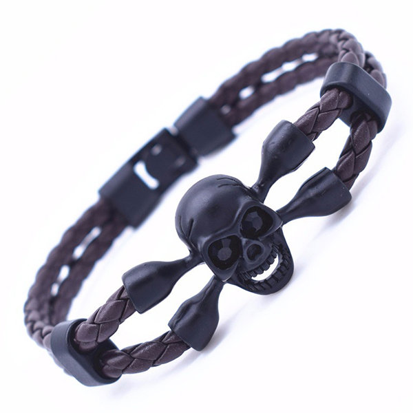 Men's Black Stainless Steel Skull Bracelet Hip Hop Black Cord Cuff Bangle |  eBay