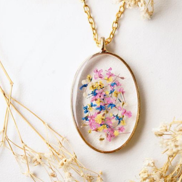 Real pressed flower in resin Handmade. Floral gift Hyssop pink sterling silver filigree pendant necklace Sterling silver chain included