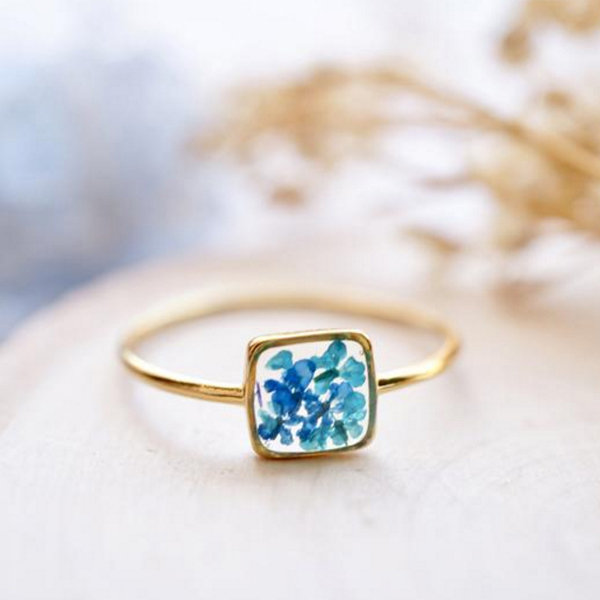 Blue Pressed Flower Resin Ring. Size.matte-silver.flower Resin