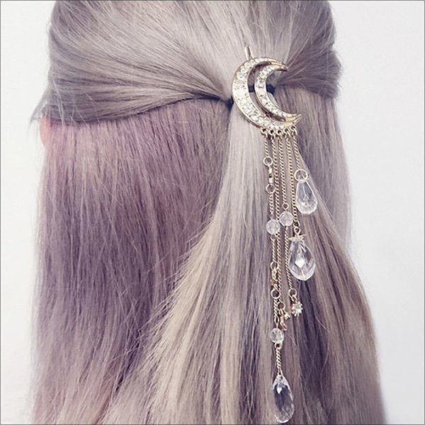 Crystal Moon Hair Clip - Silver - Rose Gold - Exquisite Tassels Design -  ApolloBox