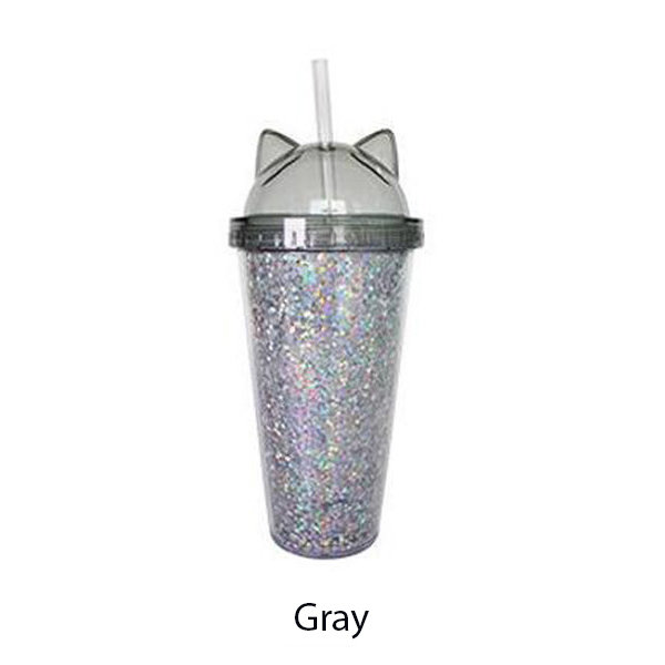 Glamour Cat Ear Tumbler - With Lid and Straw - Gray - Pink - White -  ApolloBox