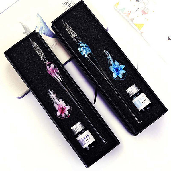 Glass Dip Pen Rest Ink & Case Floral Glass Dip Pen Dark Blue Flower 