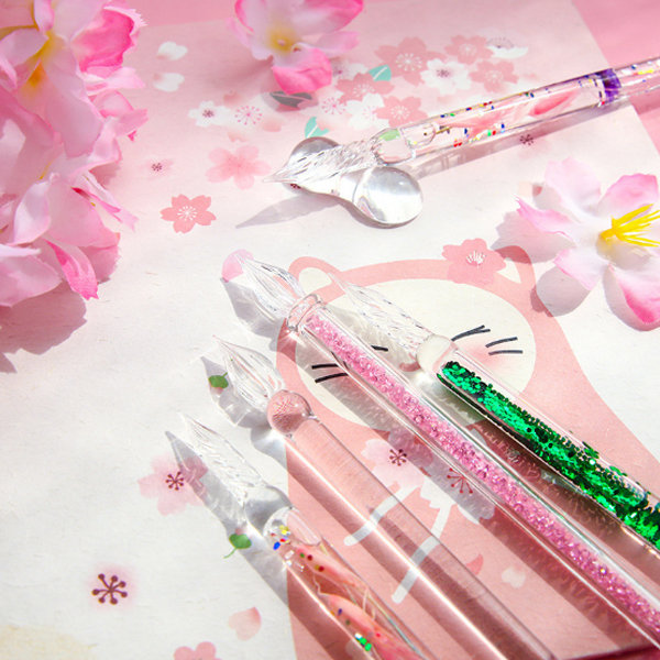 Glass Dip Pen Set Spiral Design Cherry Blossom Drawing Writing Ink With Box Gift 