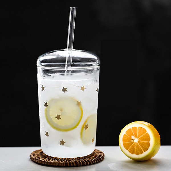 Glass Cup with Straw - Transparent - Golden Stars from Apollo Box