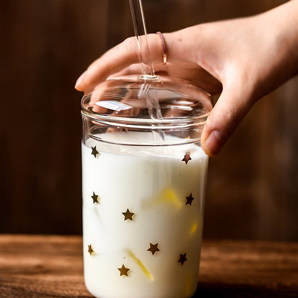 Glass Cup with Straw - Transparent - Golden Stars - ApolloBox