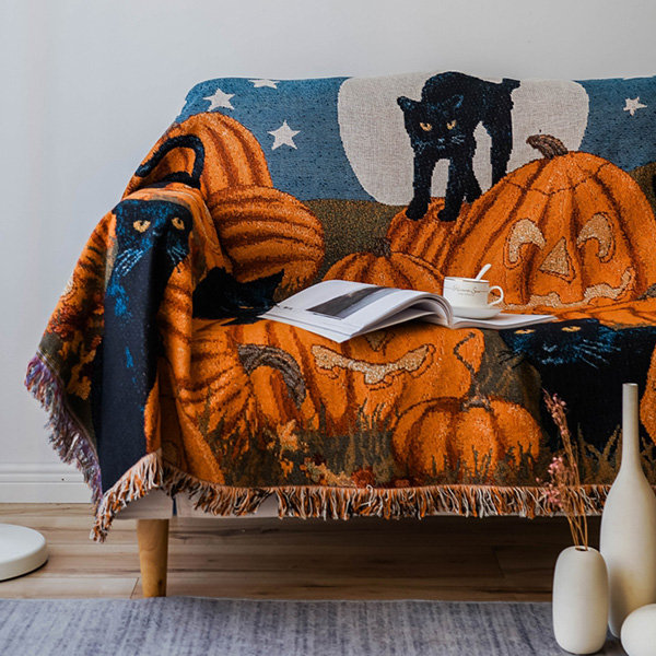 Black Cat Halloween Sofa Throw - Cotton - Pumpkin Pattern