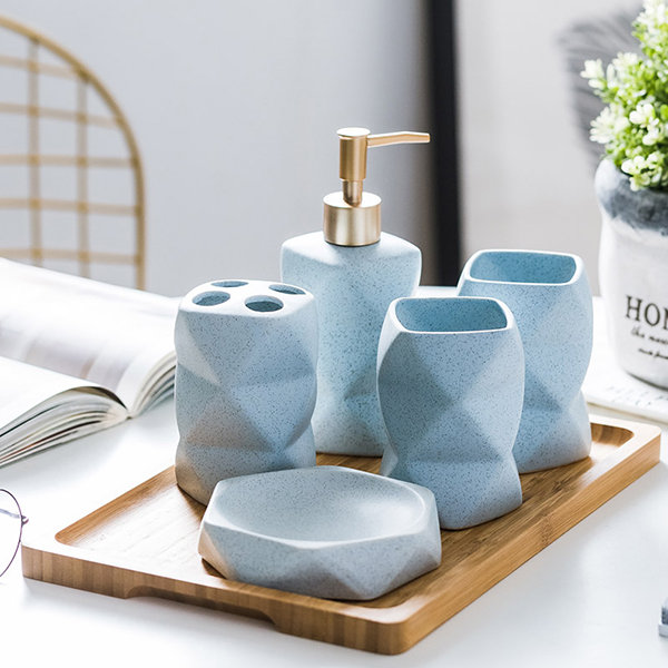 Geometric Design Blue Square 4 Piece Elegant Ceramic Bathroom Accessory Set 