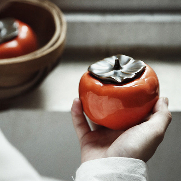 CZQC Persimmon Canister Lovely Ceramic Persimmon Tea Caddy Portable Tea Can Storage Tank with Lid Kitchen Decoration Accessories Persimmon Container