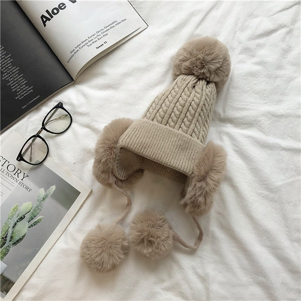 Winter Warm Baby Knitted Wool Hat With Faux Fur Ball Pom Pom