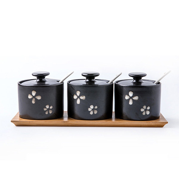7oz Black & White Ceramic Floral Tree Spice Jars, Condiment Pots