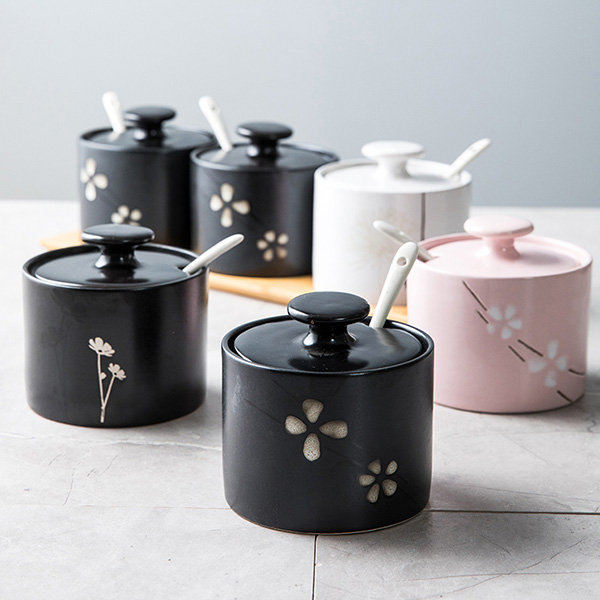 7oz Black & White Ceramic Floral Tree Spice Jars, Condiment Pots