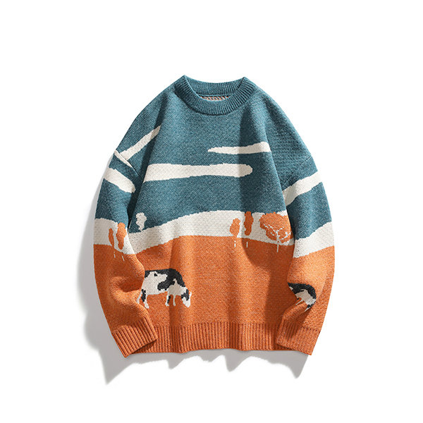 Cute Cow Sweater - Cotton - Green and Orange - ApolloBox