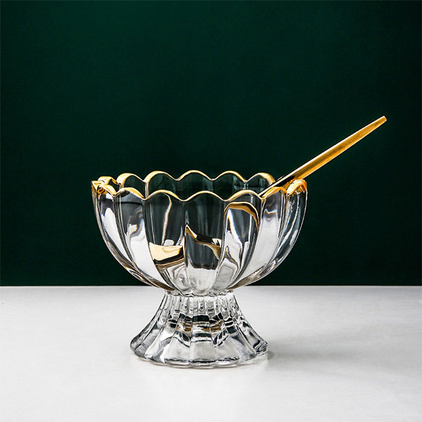 Round Glass Salad Bowl, Exquisitely Embossed With Golden Rimmed