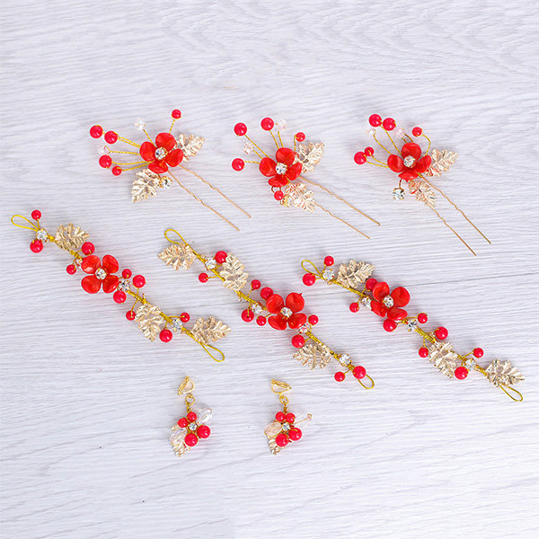 Little Red Floral Earrings And Headband - ApolloBox